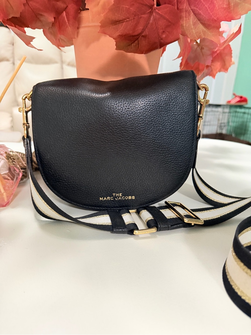 Marc Jacobs Black Pebbled Leather Saddle Crossbody with Striped Strap